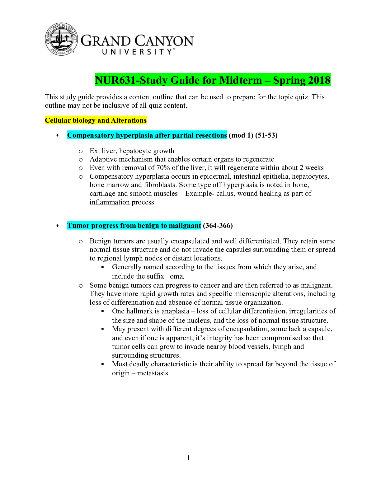 Preview of NUR631-Study Guide for Midterm – Spring 2018